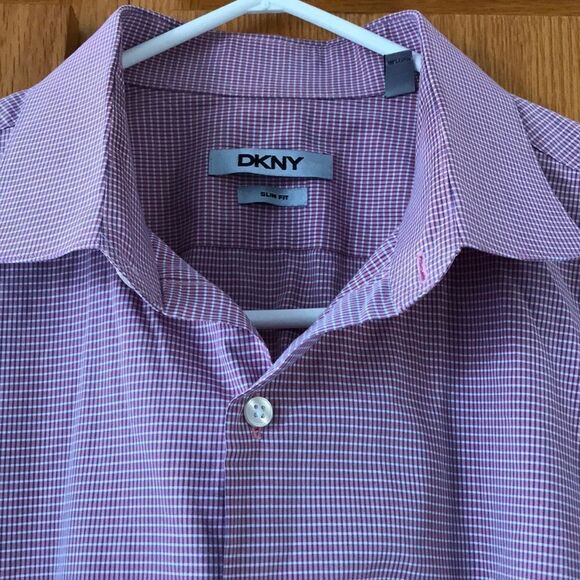 DKNY light red/gray/white tiny check button shirt - Picture 1 of 6
